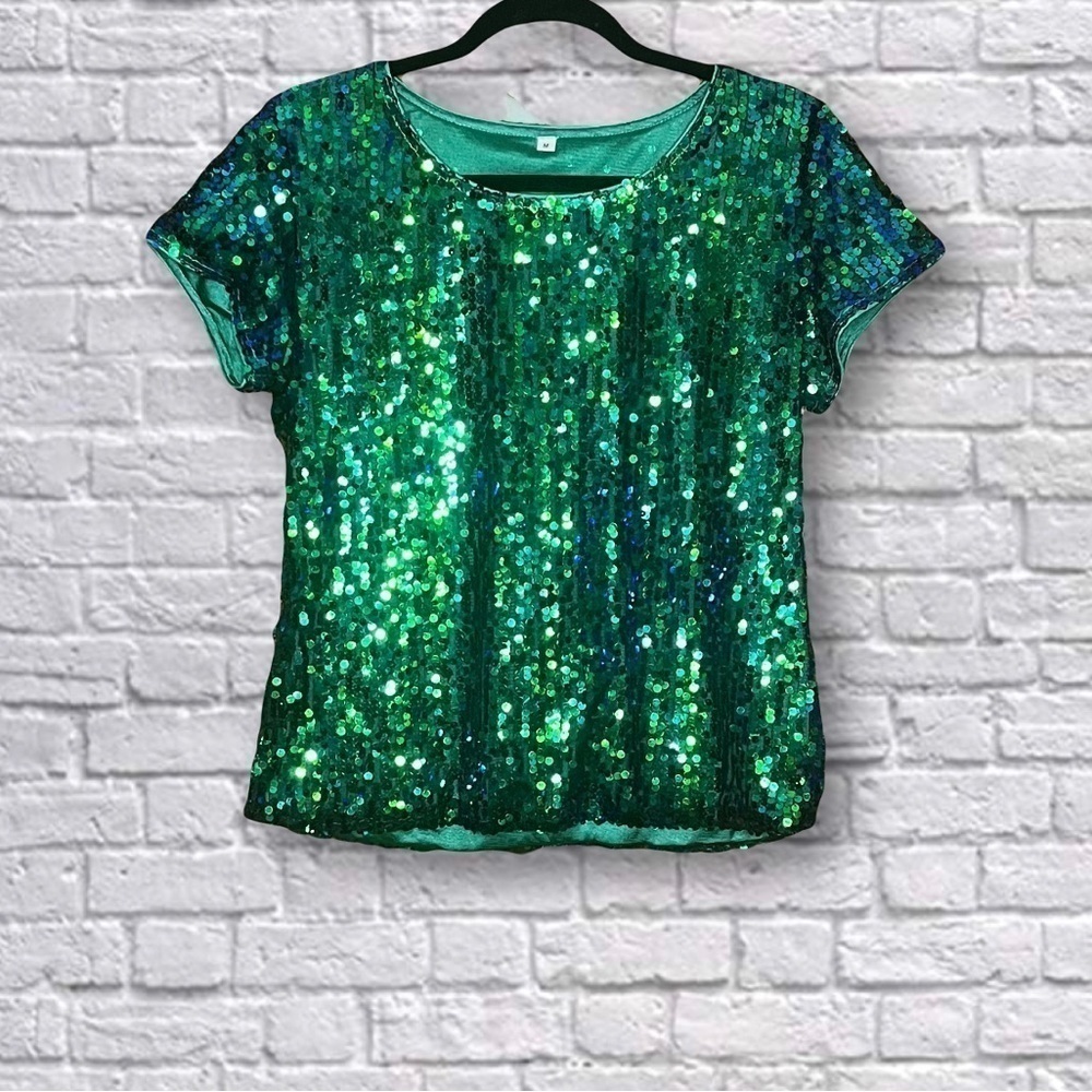 Sequin Short Sleeve Top - Green
